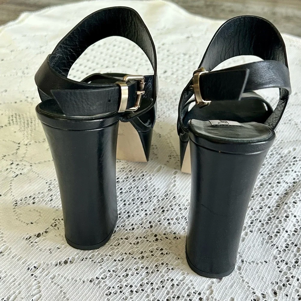 Giampaolo Viozzi Black Leather Platform Block Heel Sandals Vero Cuoio Sz 37 US 7